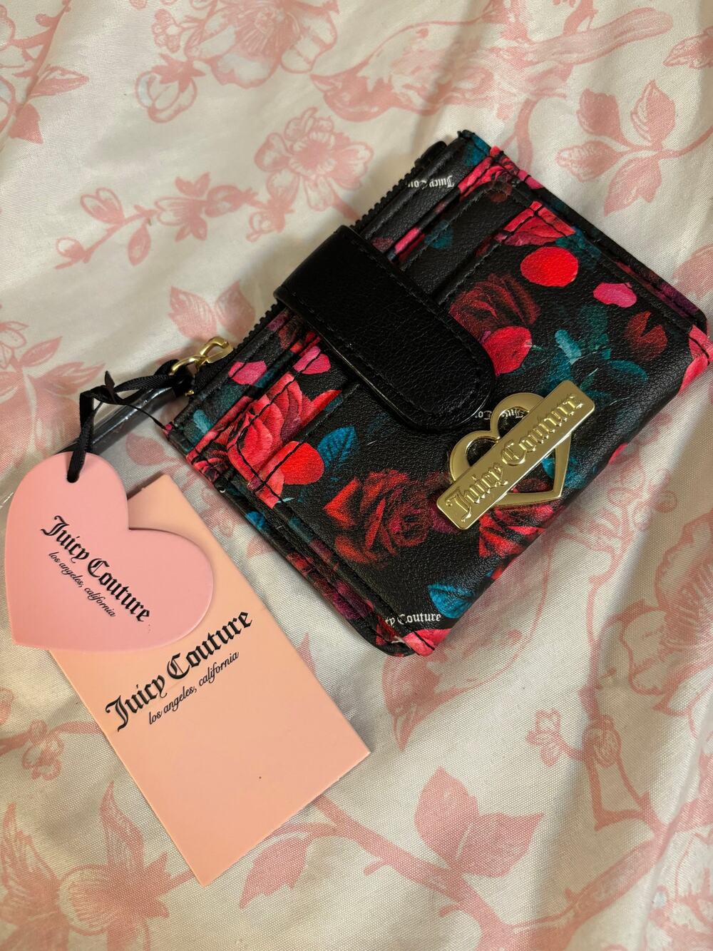 Juicy Couture Moody Garden Petal Rose Black Glam Tab Card Case Wallet NWT